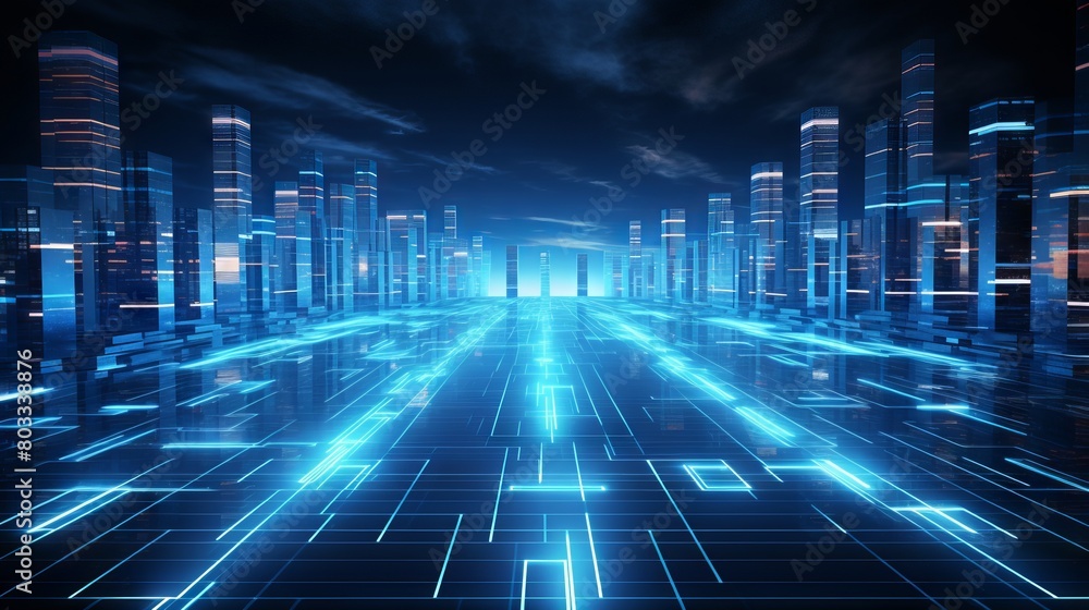 Poster futuristic business technology: illuminated workspace with cutting-edge computer equipment
