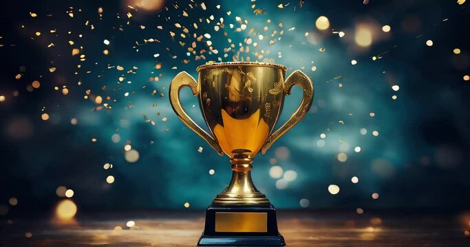 Gold winner cup trophy on dark background under spotlights with abstract shiny gold and blue lights