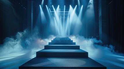 Chic podium on a fashion runway, backlight highlighting elegant apparel