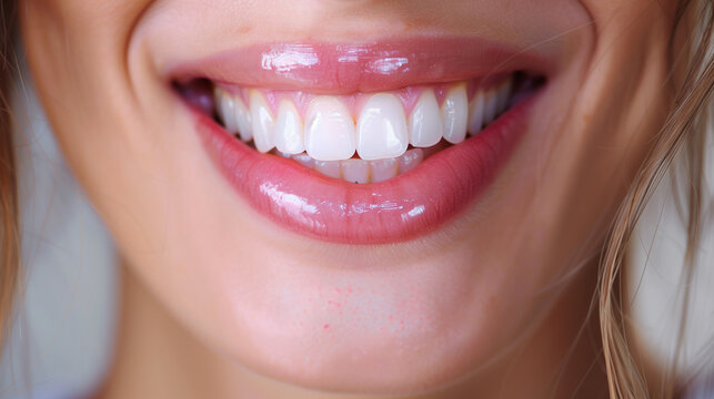 Close-up of a woman's smile showing healthy white teeth and glossy lips.