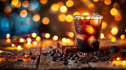 Inviting Scene: Iced Coffee on Rustic Table with Cozy Lights. Concept Coffee Break, Rustic Vibes, Cozy Atmosphere, Chilled Coffee