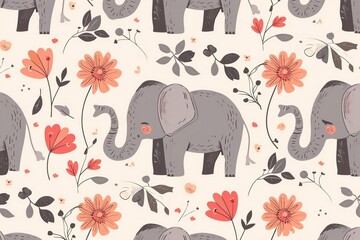 Seamless pattern with cute elephant on light background