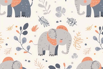 Seamless pattern with cute elephant on light background	