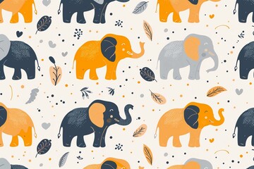 Seamless pattern with cute elephant on light background	