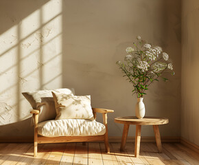 An wooden armchair with beige cushions, placed on the floor in front of an empty wall, next to it is a small round table and two vases filled with plants, creating a warm atmosphere