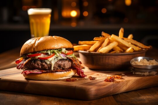 A delicious bacon cheeseburger with a side of fries and a glass of beer