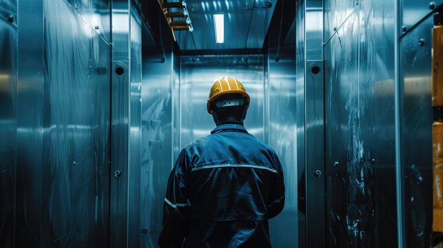 Technician check on passenger lift. Elevator maintenance by a mechanic