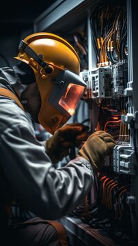 An electrician in protective gear works on an electrical panel