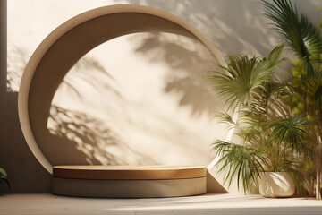 Modern minimalist arch with display platform for presentation. A simple elegant smooth interior shapes with soft shadows in a room bathed in natural light, highlighting the minimalistic design.