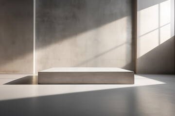 Minimalist Presentation Podium in Bright Natural Light. Simple grey presentation platform highlighted by the striking contrast of natural sunlight and shadows