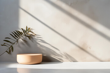 Empty concrete podium with plants and beautiful shadows. Platform for presentation for cosmetics and perfumes with daylight.