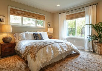 cozy bedroom with white bedding and natural light