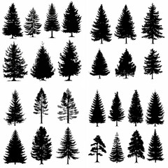 black tree silhouette set pure badge eco outline recreation breath emblem label protection graphic pine trunk woodland
