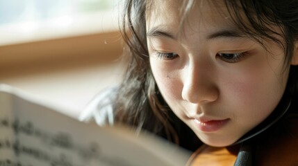 The close up picture of the young east asian girl is practicing the violin in rehearsal room to become violinist, the violinist require skill practice, technique, music knowledge, music theory. AIG43.