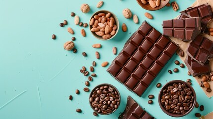 Cook homemade chocolate with bars, nuts, coffee beans on colored background top view mock up