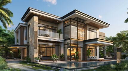 Obraz premium Modern luxury house with pool and tropical garden
