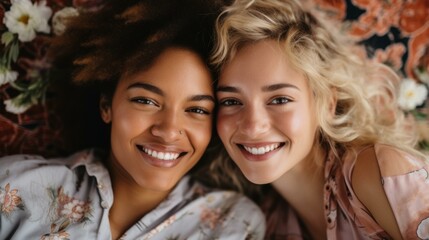 Two young women lying on a flower bed smiling at the camera