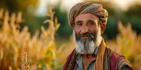 Portrait of a smiling elderly man wearing a turban in a field of wheat. - obrazy, fototapety, plakaty