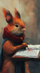 illustration about poetry, poems, a cute animal is writing, vivid, bright colors, modern...