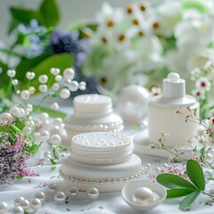 White cosmetic bottle and pearls with green leaves and flowers