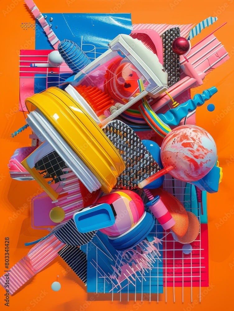 Poster a colorful 3d rendering of a bunch of objects
