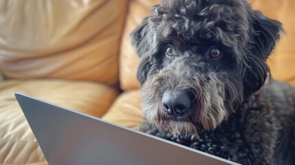 Amusing and detailed close-up of a Labradoodle and Boxer participating in an online conference, cleverly interacting with a laptop