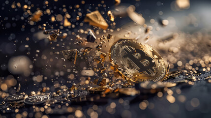 The Bitcoin coin falls to the ground and breaks into pieces.