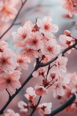 Delicate pink cherry blossoms in full bloom on a tree branch