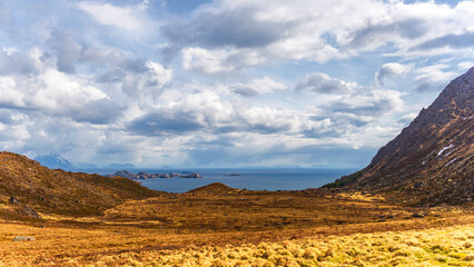 Naklejka premium nature sceneries inside the area surroundings of Leknes, Lofoten Islands, Norway, during the spring season