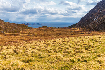 nature sceneries inside the area surroundings of Leknes, Lofoten Islands, Norway, during the spring season