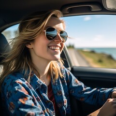 Young blonde woman driving a car on a sunny day