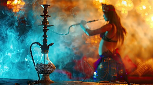 Girl with hookah belly dance. Selective focus.
