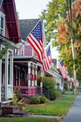 Houses with American flags in a row along the street, memorial day