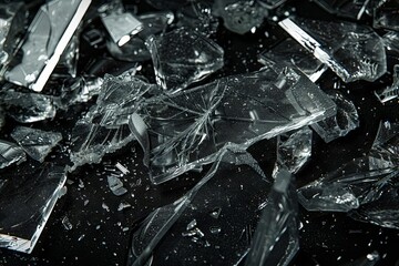 broken glass fragments and shards on black background still life photography