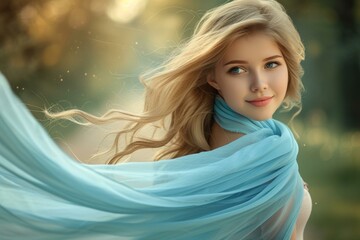 Naklejka premium portrait of a beautiful blonde woman in a blue scarf