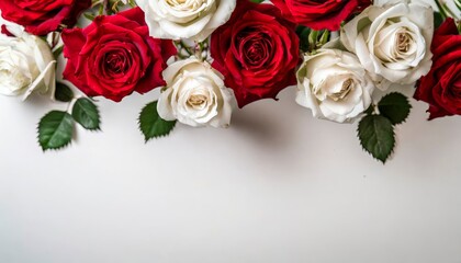 A bouquet of red and white roses is arranged in a row