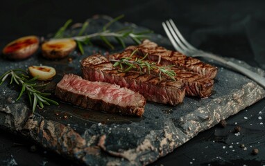 Sliced grilled steak on a stone board with rosemary and fork.