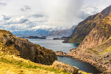 Fototapeta premium nature sceneries inside the area surroundings of Leknes, Lofoten Islands, Norway, during the spring season