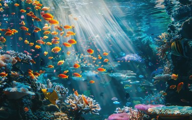 Sunbeams illuminate a vibrant underwater coral reef teeming with colorful fish.