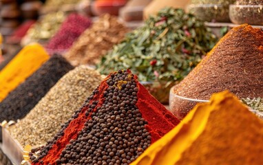 Vibrant spices and dried herbs displayed in conical mounds at a market.