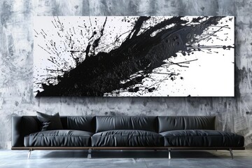 chaotic black and white abstract splatter art wideformat modern painting