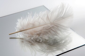 A single, luxurious feather with intricate details and soft colors, positioned on a sleek, mirrored studio surface.