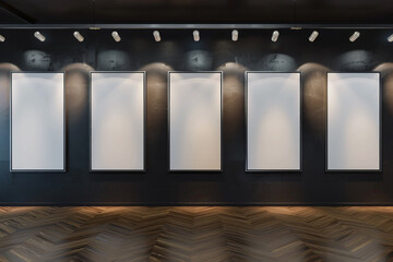 A minimalist art gallery interior with five empty mockup posters on a matte black wall, each framed in thin, silver metal. The room is lit by sophisticated track lighting,