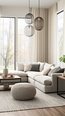 Modern living room interior with large windows and comfortable sofa