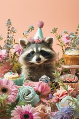 Raccoon Wearing Party Hat Surrounded by Cupcakes and Flowers