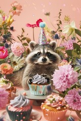 Raccoon Surrounded by Cupcakes and Flowers