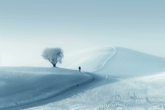 Man walking alone in snow field toward lonely tree