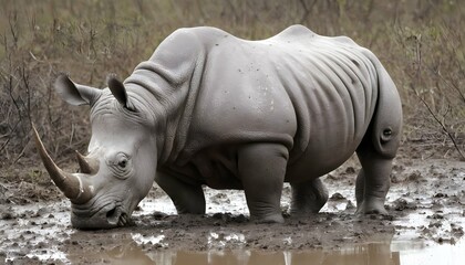 a rhinoceros in a muddy swamp upscaled 3