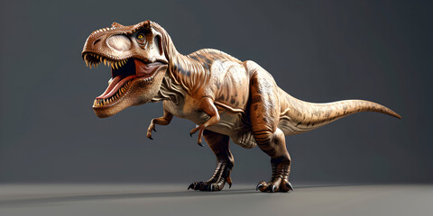 The fearsome Tyrannosaurus Rex stands tall its massive jaws open in a mighty roar