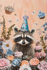 Raccoon Surrounded by Cupcakes